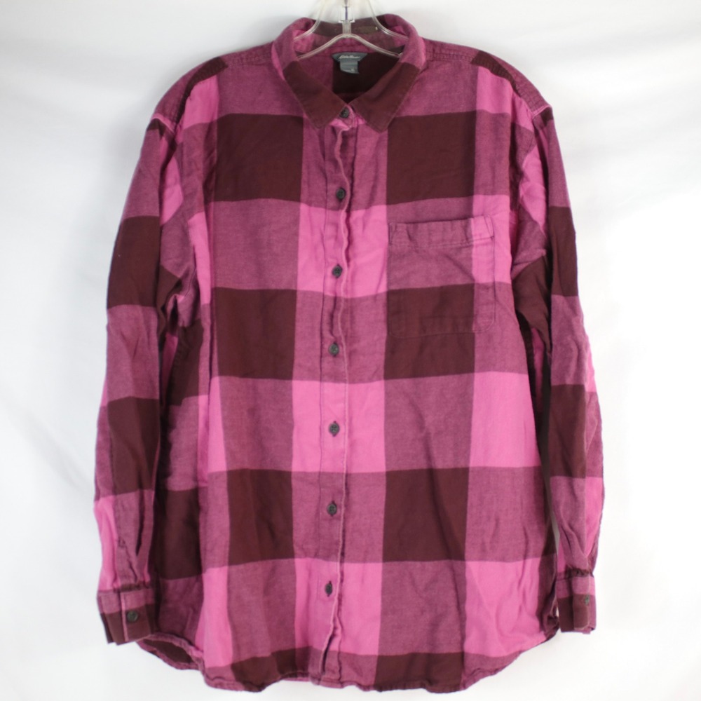Eddie Bauer Pink & Burgundy Buffalo Plaid Flannel Button Up Shirt Womens Size XL